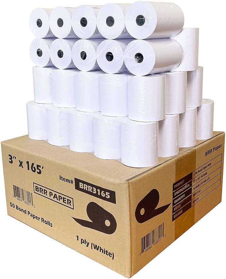 (50 Rolls) 3" x 165' 1-Ply Bond Receipt Paper POS Cash Register Paper | TMU200 SRP275 Star sp 700 Kitchen Printer Paper Rolls from Nayelish - Image 1