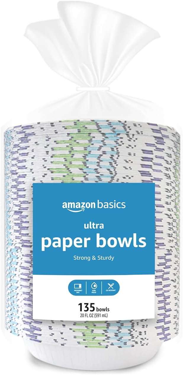 Amazon Basics Ultra Paper Bowls, 20 Oz, Disposable, 540 Count (4 Packs of 135), White (Previously Encore), Packaging May Vary - Image 1