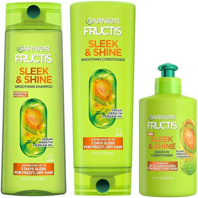 Garnier Fructis Sleek & Shine Shampoo, Conditioner + Leave-In Conditioer Set for Frizzy, Dry Hair, Plant Keratin + Argan Oil (3 Items), 1 Kit (Packaging May Vary) - Image 1