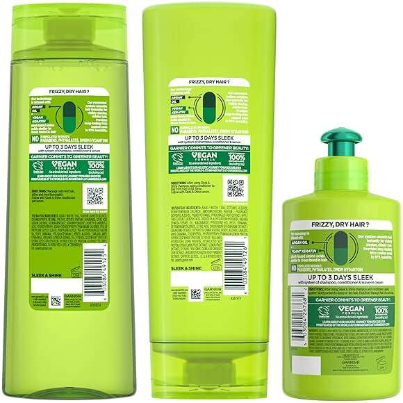 Garnier Fructis Sleek & Shine Shampoo, Conditioner + Leave-In Conditioer Set for Frizzy, Dry Hair, Plant Keratin + Argan Oil (3 Items), 1 Kit (Packaging May Vary) - Image 11