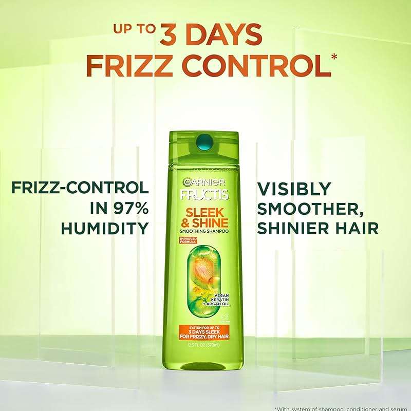 Garnier Fructis Sleek & Shine Shampoo, Conditioner + Leave-In Conditioer Set for Frizzy, Dry Hair, Plant Keratin + Argan Oil (3 Items), 1 Kit (Packaging May Vary) - Image 3