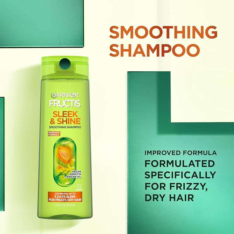 Garnier Fructis Sleek & Shine Shampoo, Conditioner + Leave-In Conditioer Set for Frizzy, Dry Hair, Plant Keratin + Argan Oil (3 Items), 1 Kit (Packaging May Vary) - Image 4