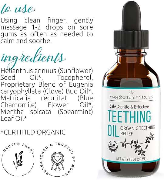 Certified Organic Teething Oil - Ease Teething Discomfort & Sore Gums Quickly & Effectively - Natural Vegan Botanical Ingredients - 2 oz Bottle with Glass Dropper - Baby Teething Relief - Image 2