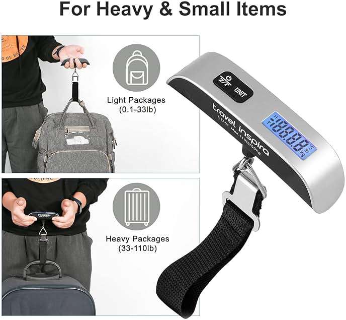 travel inspira Digital Luggage Scale – Portable Hanging Suitcase Weight Scale for Travel, 110 lb Capacity, Backlit LCD Display, Prevents Airport Overweight Fees, Battery Included - Image 4