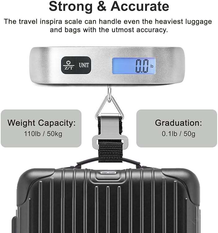 travel inspira Digital Luggage Scale – Portable Hanging Suitcase Weight Scale for Travel, 110 lb Capacity, Backlit LCD Display, Prevents Airport Overweight Fees, Battery Included - Image 5
