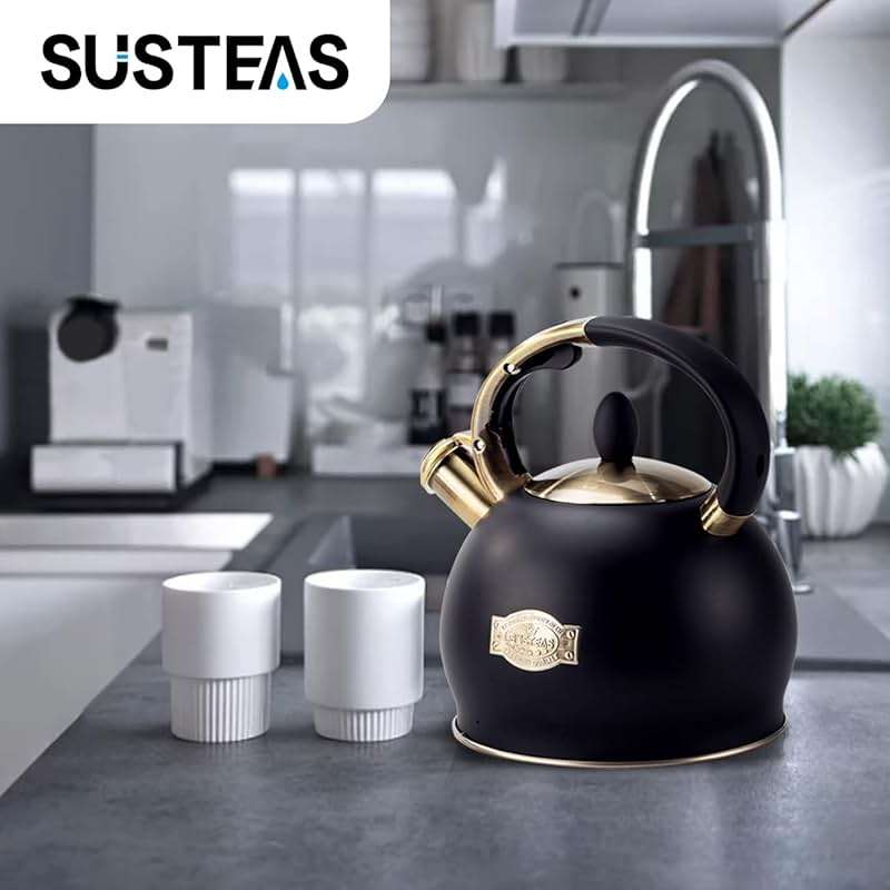 SUSTEAS Stove Top Whistling Tea Kettle - Food Grade Stainless Steel Teakettle Teapot with Cool Touch Ergonomic Handle, With 1 Silicone Pinch Mitt Included, 2.64 Quart(BLACK) - Image 2