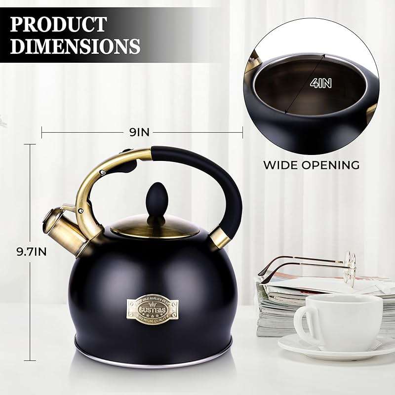 SUSTEAS Stove Top Whistling Tea Kettle - Food Grade Stainless Steel Teakettle Teapot with Cool Touch Ergonomic Handle, With 1 Silicone Pinch Mitt Included, 2.64 Quart(BLACK) - Image 3