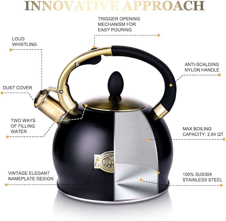 SUSTEAS Stove Top Whistling Tea Kettle - Food Grade Stainless Steel Teakettle Teapot with Cool Touch Ergonomic Handle, With 1 Silicone Pinch Mitt Included, 2.64 Quart(BLACK) - Image 4