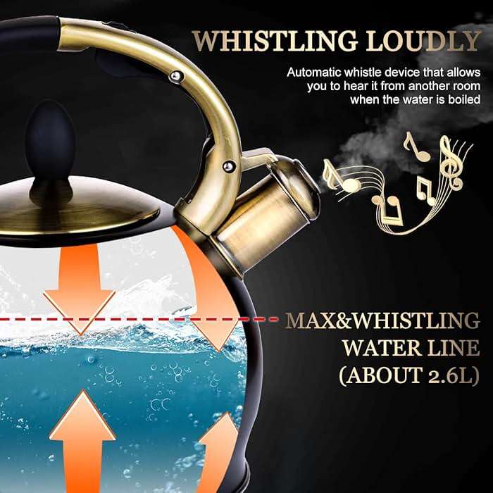 SUSTEAS Stove Top Whistling Tea Kettle - Food Grade Stainless Steel Teakettle Teapot with Cool Touch Ergonomic Handle, With 1 Silicone Pinch Mitt Included, 2.64 Quart(BLACK) - Image 5