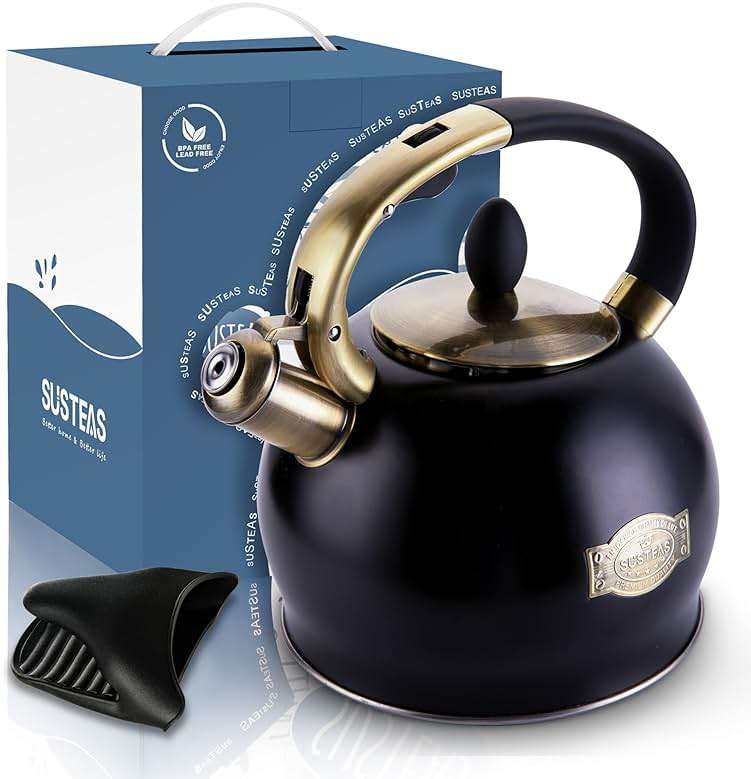 SUSTEAS Stove Top Whistling Tea Kettle - Food Grade Stainless Steel Teakettle Teapot with Cool Touch Ergonomic Handle, With 1 Silicone Pinch Mitt Included, 2.64 Quart(BLACK) - Image 7