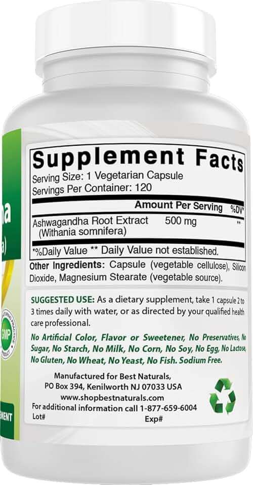Best Naturals 2 Pack Ashwagandha Capsules for Relaxing Stress and Mood, 500 mg, 120 Count (Total 240 Capsules) - Image 6