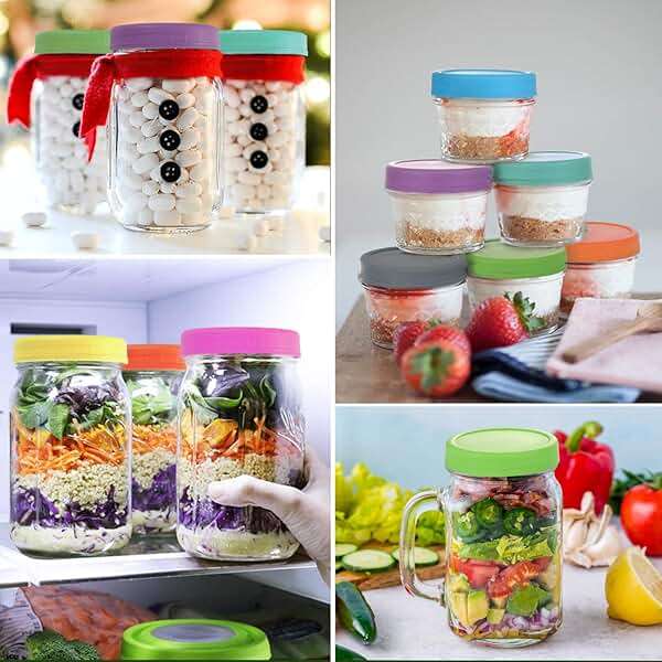 AOZITA [16 Pack] Colored Plastic Mason Jar Lids Fits Ball, Kerr & More - 8 Wide Mouth & 8 Regular Mouth - Storage Caps for Canning Jars, Dishwasher Safe & Food Grade & Leakproof - Image 7
