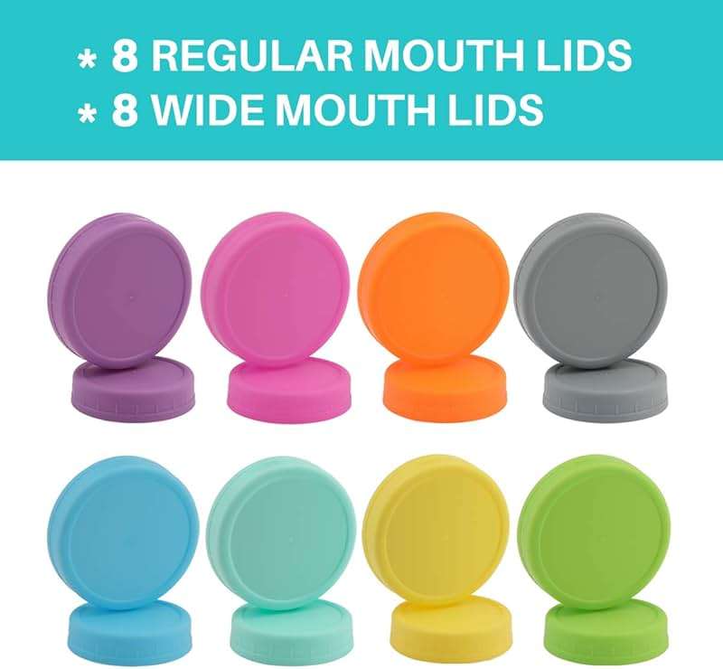 AOZITA [16 Pack] Colored Plastic Mason Jar Lids Fits Ball, Kerr & More - 8 Wide Mouth & 8 Regular Mouth - Storage Caps for Canning Jars, Dishwasher Safe & Food Grade & Leakproof - Image 8
