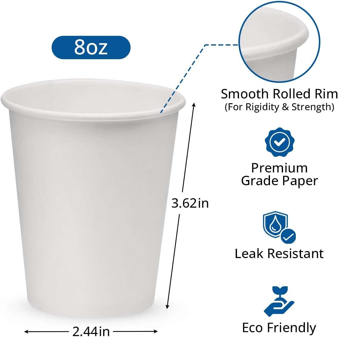 NYHI 300-Pack 8 oz White Disposable Paper Cups for Hot & Cold Drinks - Coffee, Tea, Water - Leak-Proof for Parties & Offices - Image 2
