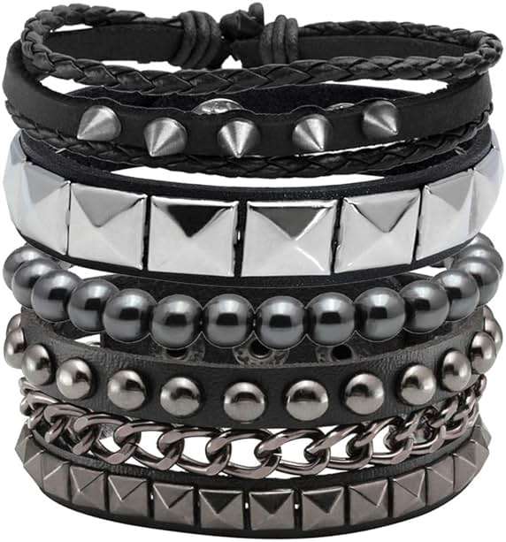 Eigso 4 Pcs Punk Leather Rock Studded Bracelets for Men Women Retro Classic Spiked Metal Cuff Bracelet Set for Man Woman - Image 1