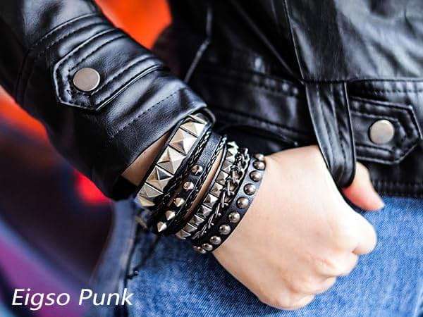 Eigso 4 Pcs Punk Leather Rock Studded Bracelets for Men Women Retro Classic Spiked Metal Cuff Bracelet Set for Man Woman - Image 2