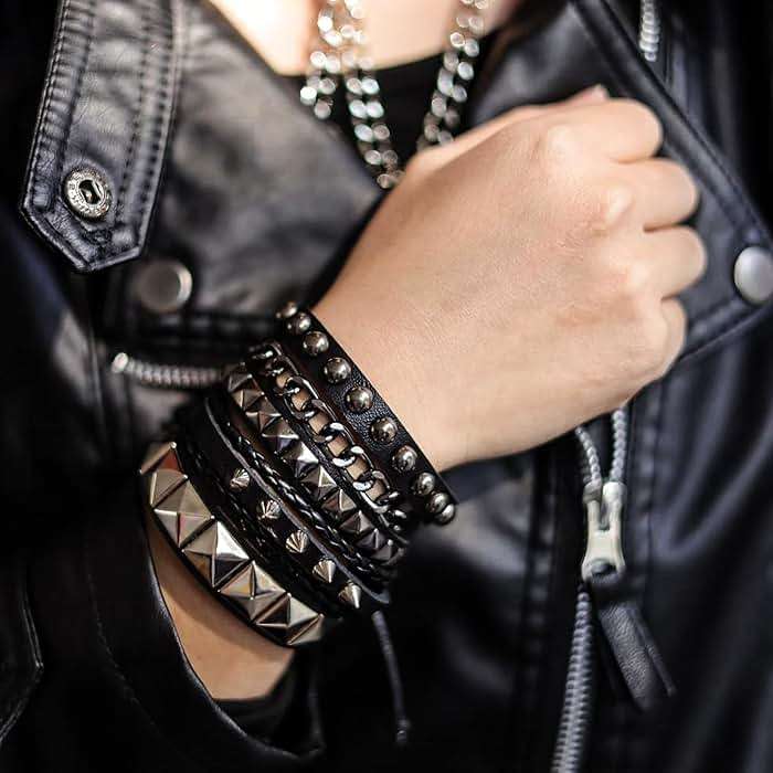Eigso 4 Pcs Punk Leather Rock Studded Bracelets for Men Women Retro Classic Spiked Metal Cuff Bracelet Set for Man Woman - Image 3
