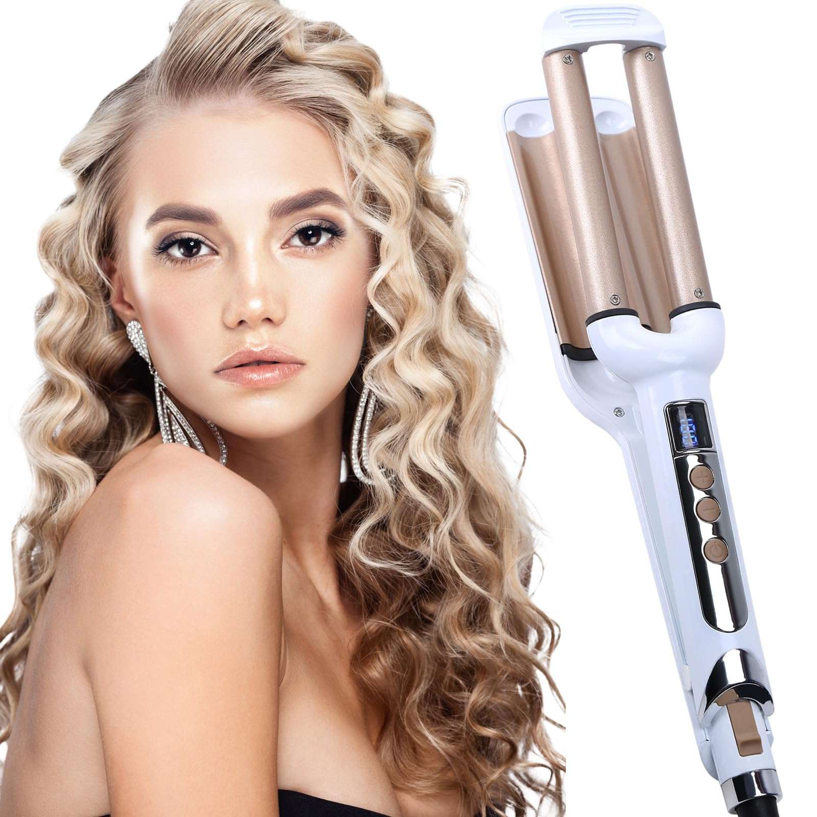 Crimper Hair Iron, Ceramic Hair Crimper Hair Waver 3 Barrel Curling Iron 0.6 inch / 16mm Perm Instant Curls,Hair Crimper and Wavers, Valentines Mothers Day Gifts for Women (Champagne) - Image 1