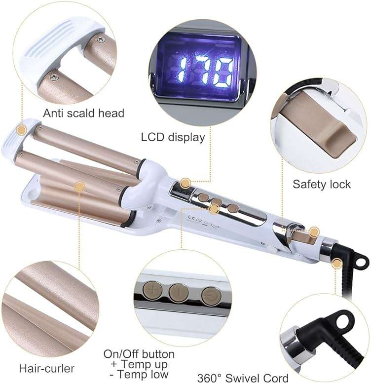 Crimper Hair Iron, Ceramic Hair Crimper Hair Waver 3 Barrel Curling Iron 0.6 inch / 16mm Perm Instant Curls,Hair Crimper and Wavers, Valentines Mothers Day Gifts for Women (Champagne) - Image 2