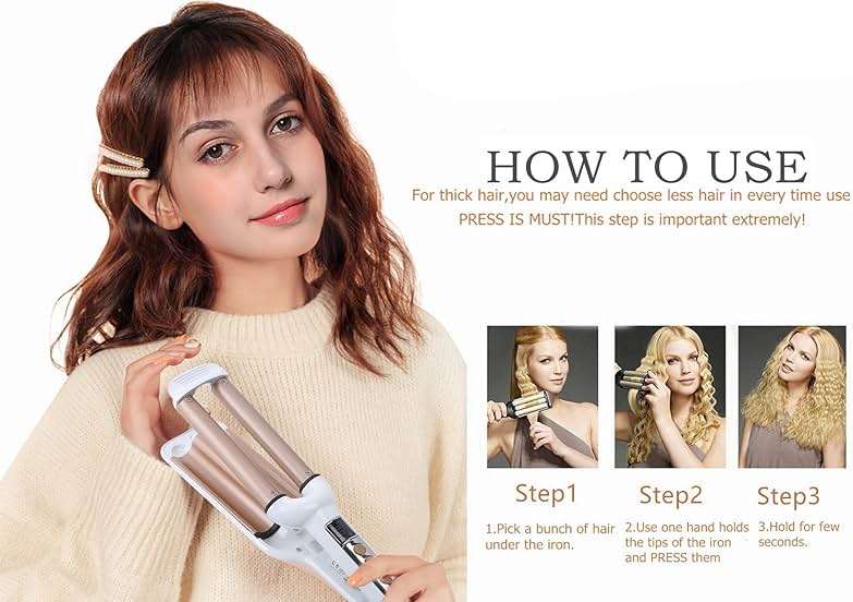 Crimper Hair Iron, Ceramic Hair Crimper Hair Waver 3 Barrel Curling Iron 0.6 inch / 16mm Perm Instant Curls,Hair Crimper and Wavers, Valentines Mothers Day Gifts for Women (Champagne) - Image 5