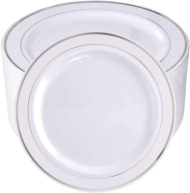 bUCLA 100Pieces Silver Plastic Plates - 10.25inch Silver Rim Disposable Dinner Plates - Ideal for Weddings, Parties - Image 1