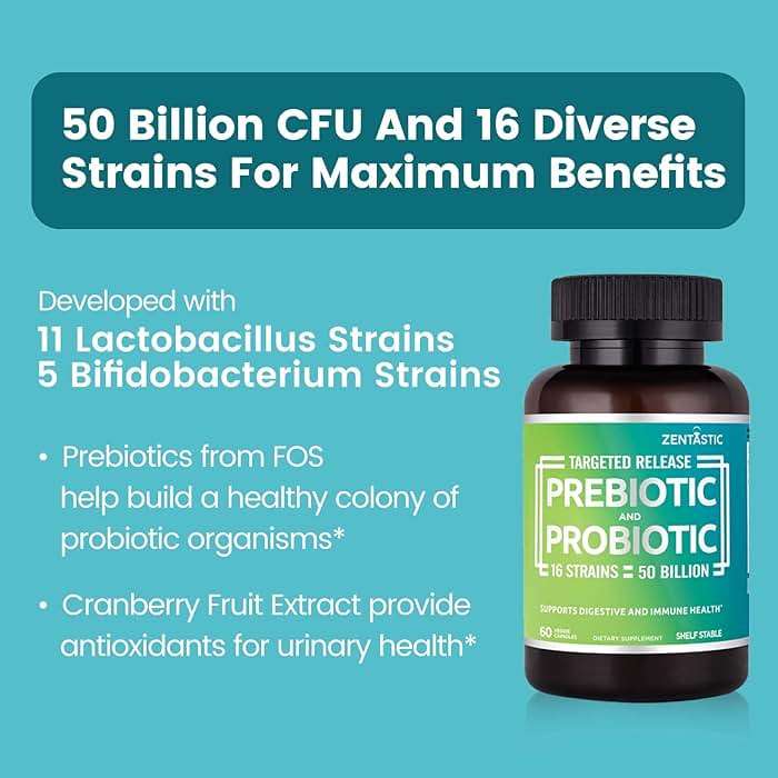 Zentastic Probiotics & Prebiotics Supplement - 50 Billion CFU - for Men & Women’s Immune & Digestive Health - 16 Strains - Shelf Stable - 60 Delayed Release Veggie Capsules - Image 3