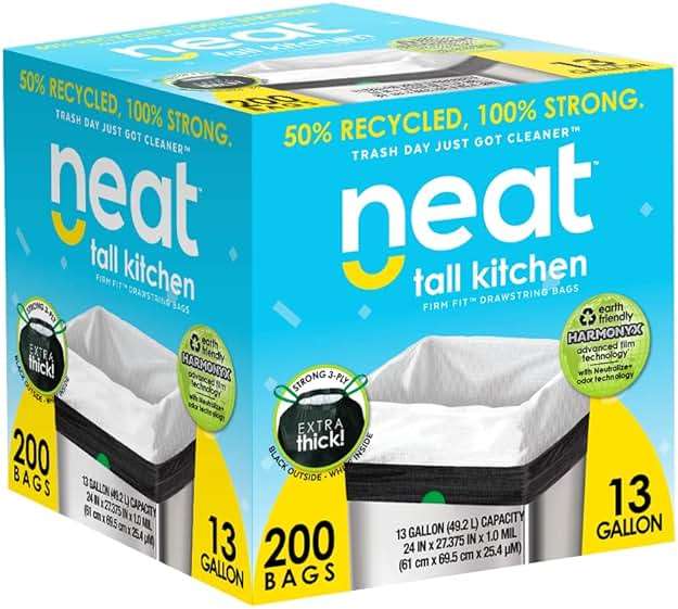 Neat Tall Kitchen 13 Gallon Drawstring Trash Bags - (MEGA 200 Count) - Triple Ply Fortified, Eco-Friendly 50% Recycled Material, Neutralize+ Odor Technology, Reversible Black and White Garbage Bags - Image 2