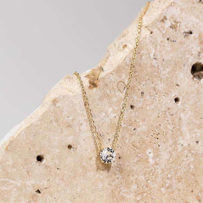 PAVOI 14K Gold Plated Crystal Solitaire 1.5 Carat (7.3mm) Cubic Zirconia Dainty Choker Necklace | Gold Necklaces for Women - Image 3
