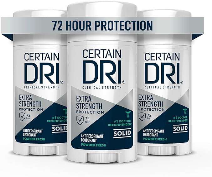 Certain Dri Extra Strength Clinical Solid Antiperspirant, 72-Hour Sweat & Odor Protection for Hyperhidrosis, Maximum-Strength, Powder Fresh Scent, 1.7 oz (Pack of 3) - Image 1