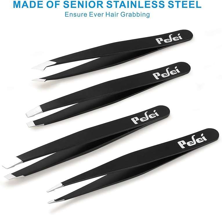 Pefei Tweezers Set - Professional Stainless Steel Tweezers for Eyebrows - Great Precision for Facial Hair, Splinter and Ingrown Hair Removal (Black) - Image 5