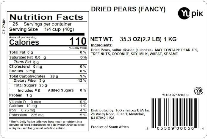 Yupik Dried Pears, 2.2 lb, Kosher, Vegan, Dried Fruits, Quartered Pieces, Naturally Sweet, No Sugar Added, Source of Fiber, Fruity Snacks, Ideal for Baking & Topping - Image 2