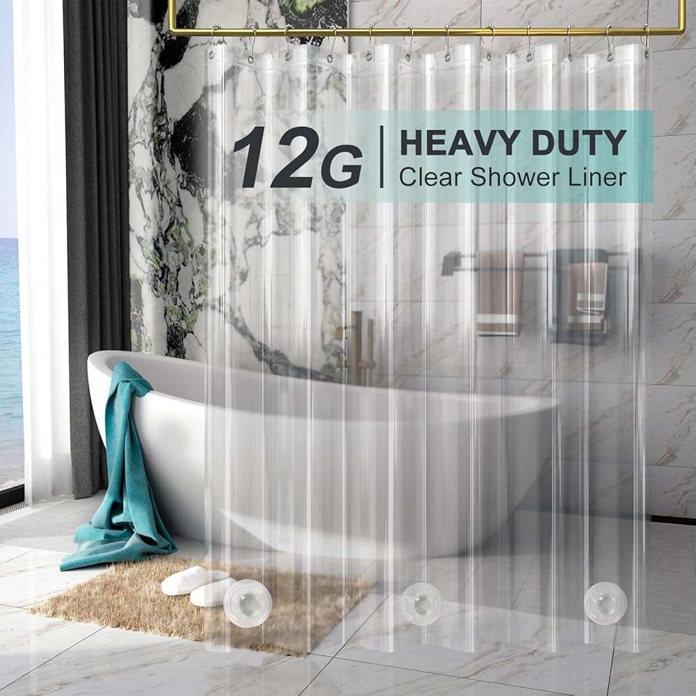 AmazerBath Heavy Duty Shower Curtain Liner 12 Gauge, 72 x 72 Inches Clear Shower Curtain Liner with 3 Clear Stones and 12 Grommet Holes, Weighted Plastic Shower Liner - Image 1