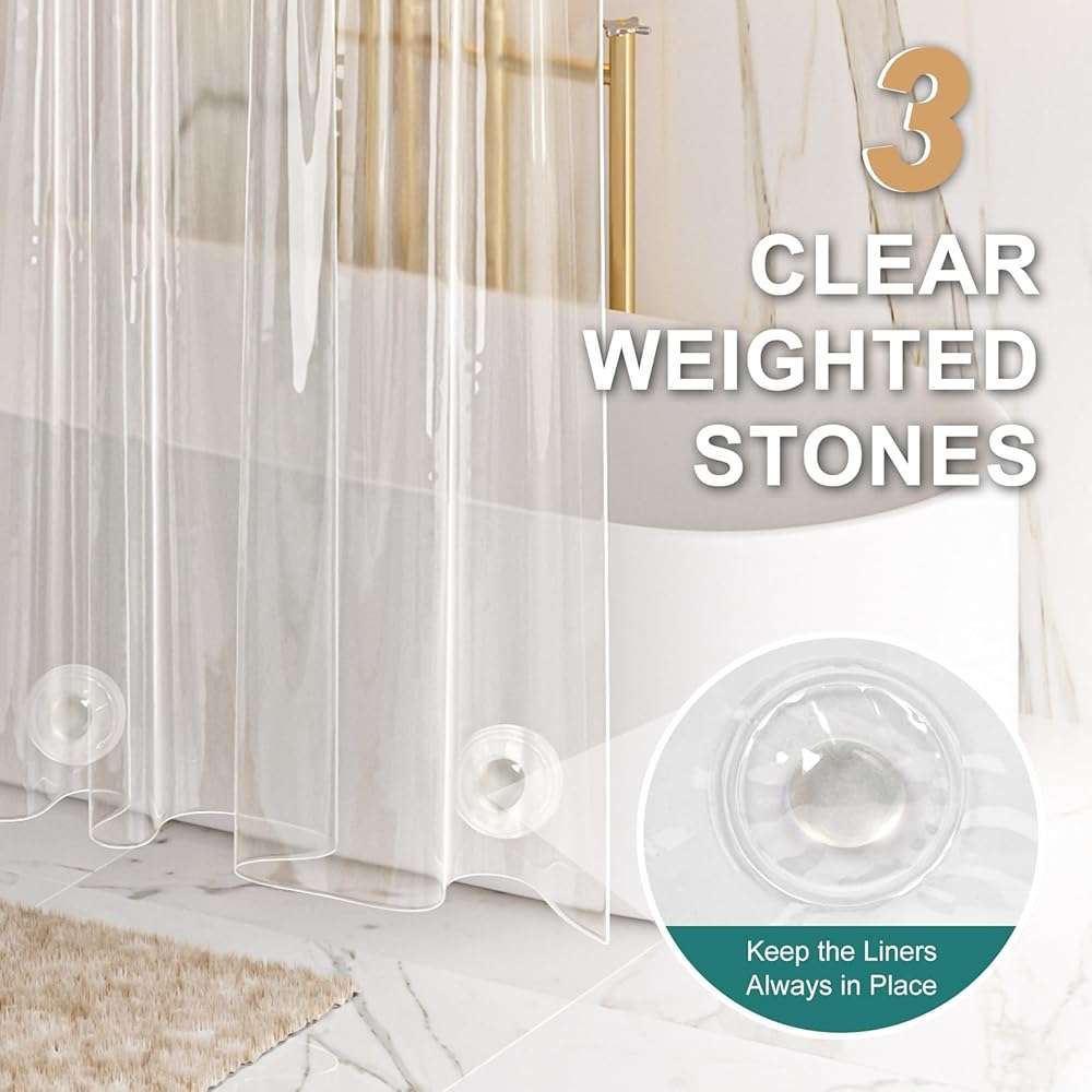 AmazerBath Heavy Duty Shower Curtain Liner 12 Gauge, 72 x 72 Inches Clear Shower Curtain Liner with 3 Clear Stones and 12 Grommet Holes, Weighted Plastic Shower Liner - Image 5