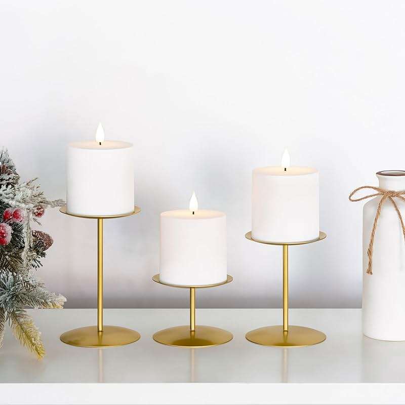 smtyle Gold Metal Candle Holder Sets for Pillar Candles Set of 3 Wedding Table Centerpiece Candle Holders, Minimalist Farmhouse Decor for Fireplace Mantel & Dining Room - Image 2