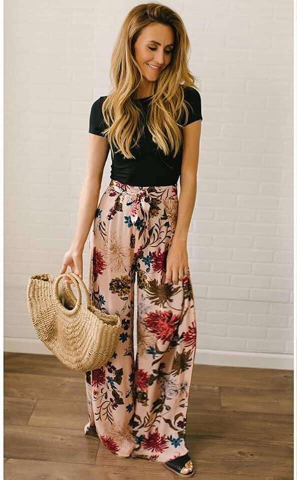 ECOWISH Wide Leg Pants for Women Summer 2026 Palazzo Tropical Floral Casual High Waist Flared Trousers with Pockets - Image 2