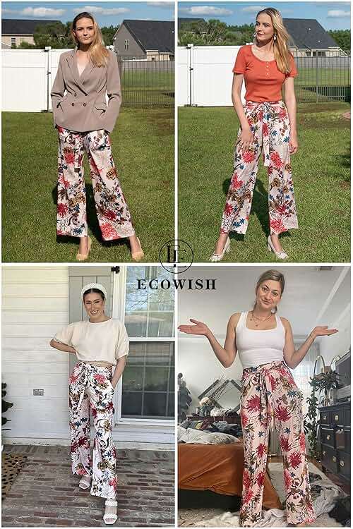 ECOWISH Wide Leg Pants for Women Summer 2026 Palazzo Tropical Floral Casual High Waist Flared Trousers with Pockets - Image 3