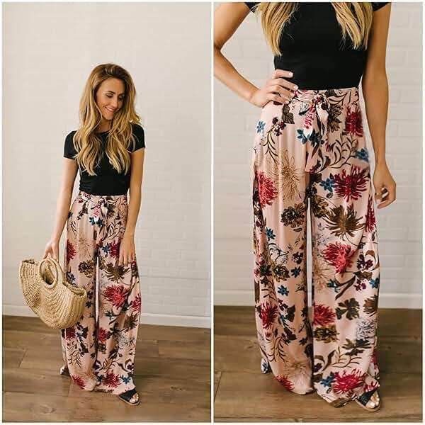 ECOWISH Wide Leg Pants for Women Summer 2026 Palazzo Tropical Floral Casual High Waist Flared Trousers with Pockets - Image 4