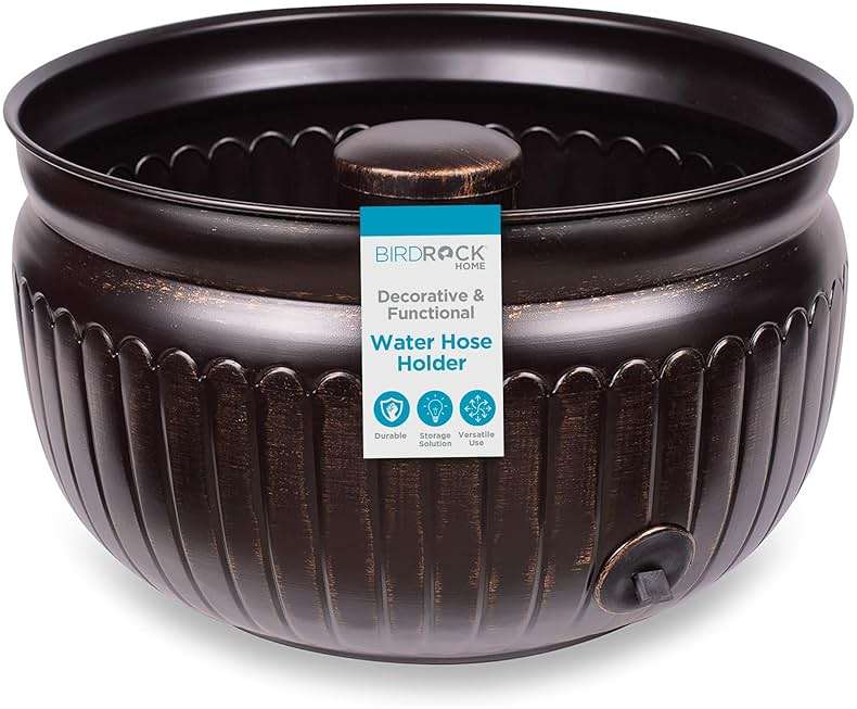 BIRDROCK HOME Water Hose Holder - Decorative Metal Pot, Indoor or Outdoor, Garden Storage Organizer, Patio Portable Bucket - Distressed Bronze, Holds up to 100ft Hoses, Medium No Lid - Image 1