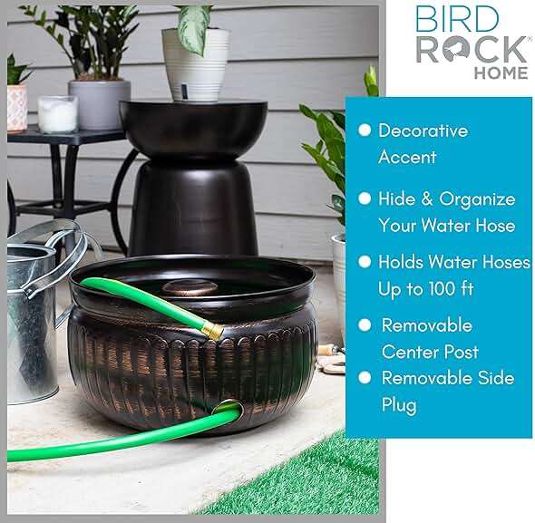 BIRDROCK HOME Water Hose Holder - Decorative Metal Pot, Indoor or Outdoor, Garden Storage Organizer, Patio Portable Bucket - Distressed Bronze, Holds up to 100ft Hoses, Medium No Lid - Image 2