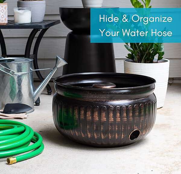 BIRDROCK HOME Water Hose Holder - Decorative Metal Pot, Indoor or Outdoor, Garden Storage Organizer, Patio Portable Bucket - Distressed Bronze, Holds up to 100ft Hoses, Medium No Lid - Image 4