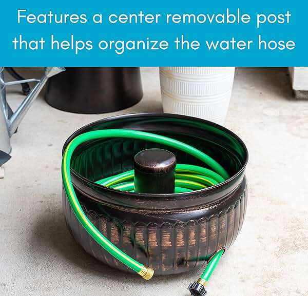 BIRDROCK HOME Water Hose Holder - Decorative Metal Pot, Indoor or Outdoor, Garden Storage Organizer, Patio Portable Bucket - Distressed Bronze, Holds up to 100ft Hoses, Medium No Lid - Image 7