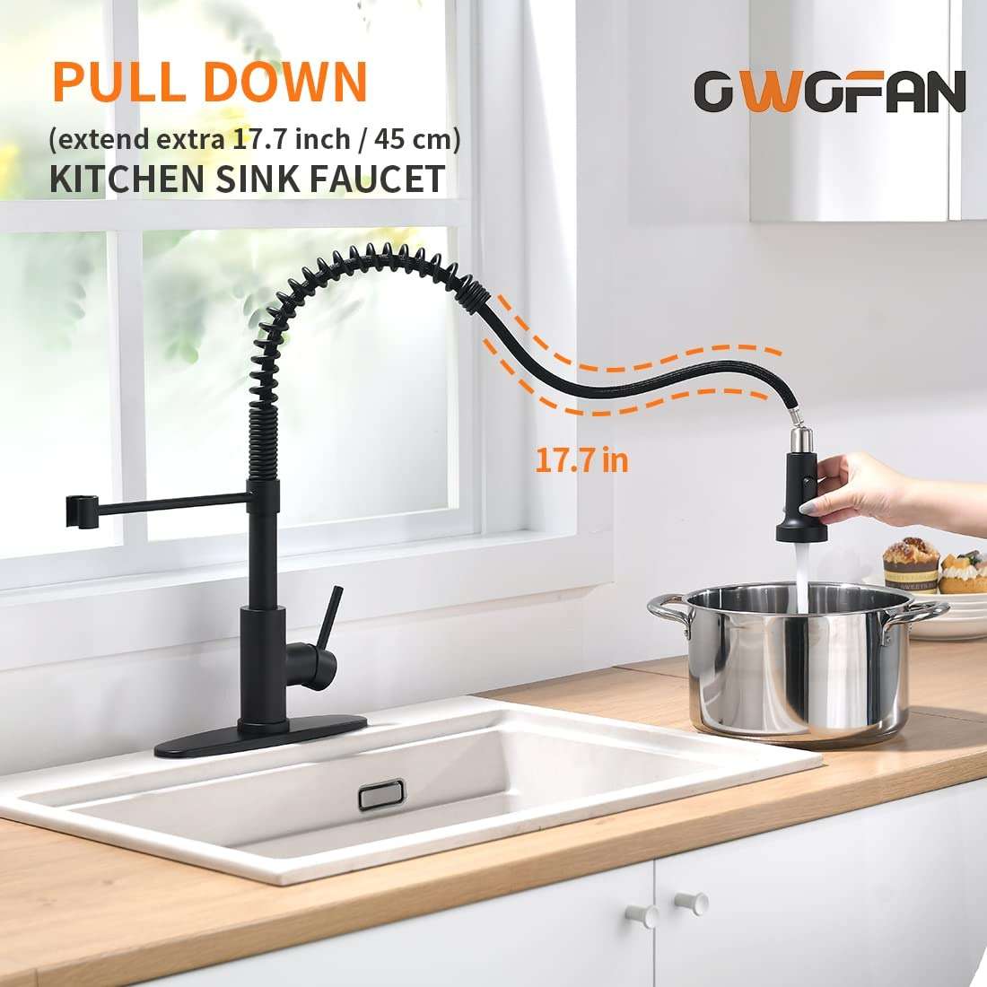 OWOFAN Matte Black Kitchen Faucet with Pull Down Sprayer - Commercial Single Handle Spring Kitchen Sink Faucets, Modern High Arc Laundry Utility Faucet, 1 or 3 Hole Deck Plate Included 9009R - Image 3