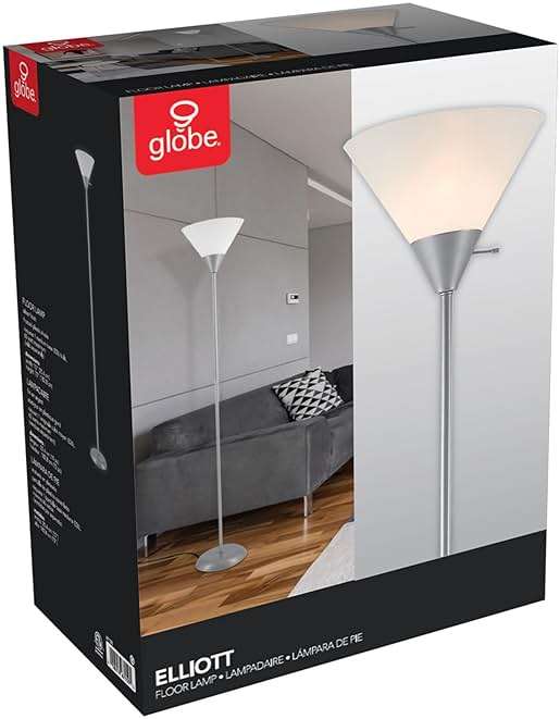 Globe Electric 677150 Elliott 72" Floor Lamp, Silver, White Plastic Shade, On/Off Rotary Switch on Shade, Standing, Living Room Decor, Bedroom, Tall, Corner Light - Image 8