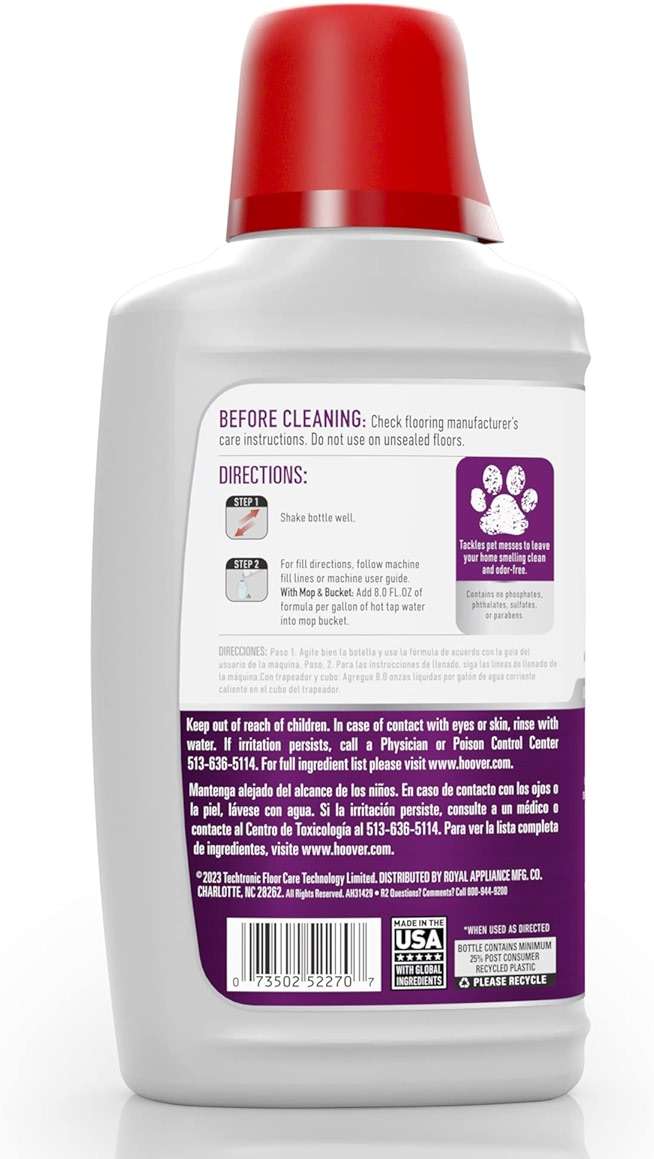 Hoover Pet Hard Floor Cleaner Solution, 32 oz., Jasmine Breeze Scent, Concentrated Pet Cleaning Formula, For Use on Sealed Vinyl, Sealed Hardwood, Tile and More, Pair with Hoover Hard Floor Machines - Image 2