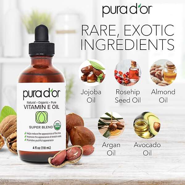 PURA D'OR 4 Oz Organic Vitamin E Oil 70,000 IU, USDA Certified Ayurvedic Skin Care, Face, Body w/Argan, Jojoba, Rosehip, Apricot, Almond & Avocado, Lightweight Moisturizer for Soft, Smooth Skin - Image 3