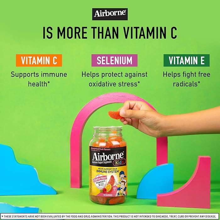Airborne Kids 500mg Vitamin C Gummies, Kids Immune Support Zinc Gummies with Powerful Antioxidants VIT C & E - 63, Assorted Fruit Flavor - Image 4