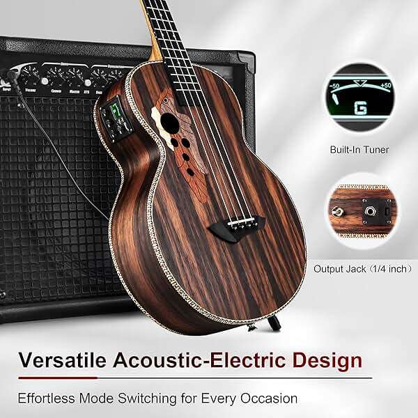 Caramel Ebony Wood Baritone Ukulele 30inch Wood LCD Color Display Electric Ukelele Kit Hawaiian Beginner Guitar Starter Pack Bundle Gig bag, Strap, Strings Set - Image 6
