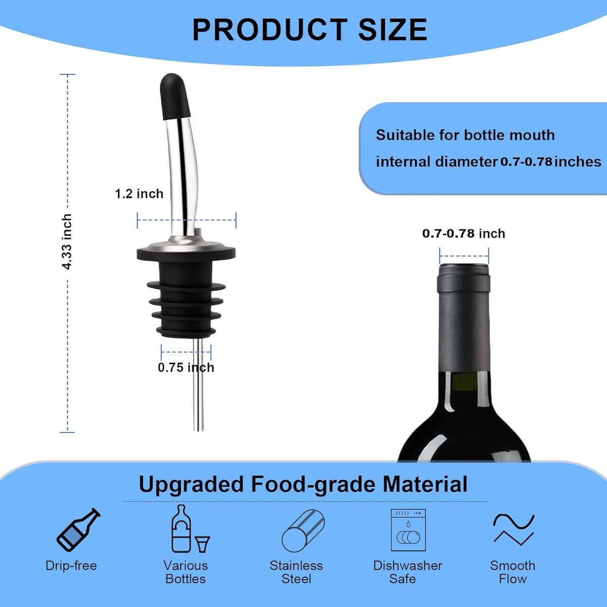 BALTRE 6PCS Liquor Bottle Pourers, Stainless Steel Olive Oil Spouts, Bottle Pourers for Alcohol, Olive Oil, With Dust Caps Liquor Pour Spout - Image 3