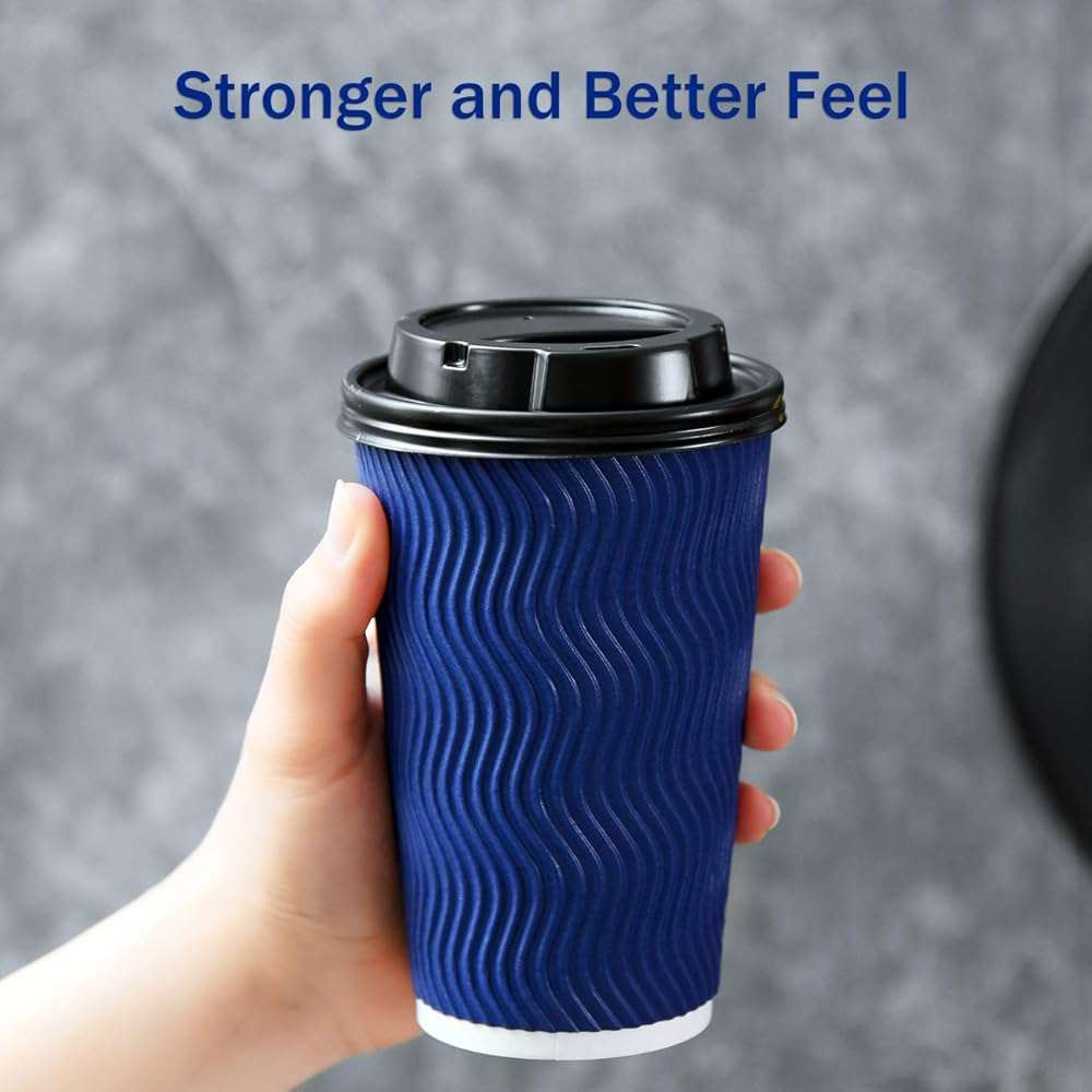 Disposable Coffee Cups with Lids and Straws - 16 oz (90 Set) Togo Hot Paper Coffee Cup with Lid To Go for Hot/Cold Beverages Espresso Tea Insulated Reusable Cold Drinks Ripple Cups Protect Fingers! - Image 3