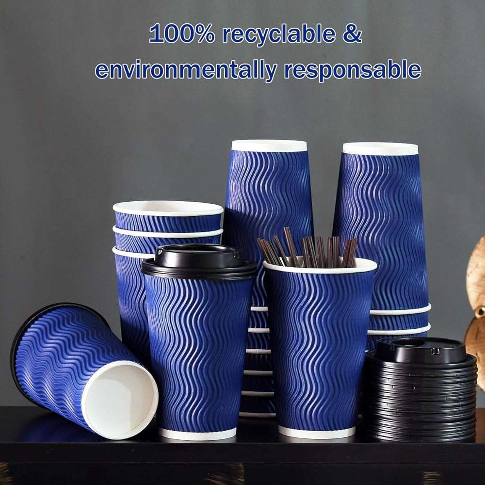 Disposable Coffee Cups with Lids and Straws - 16 oz (90 Set) Togo Hot Paper Coffee Cup with Lid To Go for Hot/Cold Beverages Espresso Tea Insulated Reusable Cold Drinks Ripple Cups Protect Fingers! - Image 4